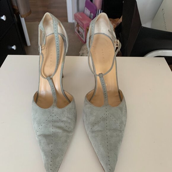 Designer Dove Blue Suede Stiletto T-Strap Heels - Picture 4 of 11